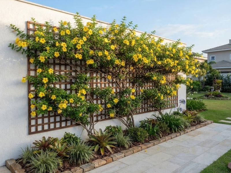 Alamanda amarela florida em treliça junto ao muro de um jardim.
