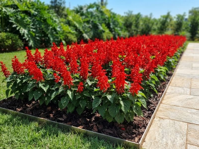 Alegria de jardim com espigas vermelhas formando maciço em canteiro ensolarado