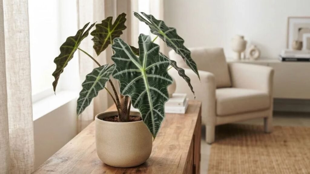 Alocasia amazônica em vaso bege sobre aparador de madeira, com folhas verde-escuras, nervuras claras e bordas onduladas em sala iluminada.