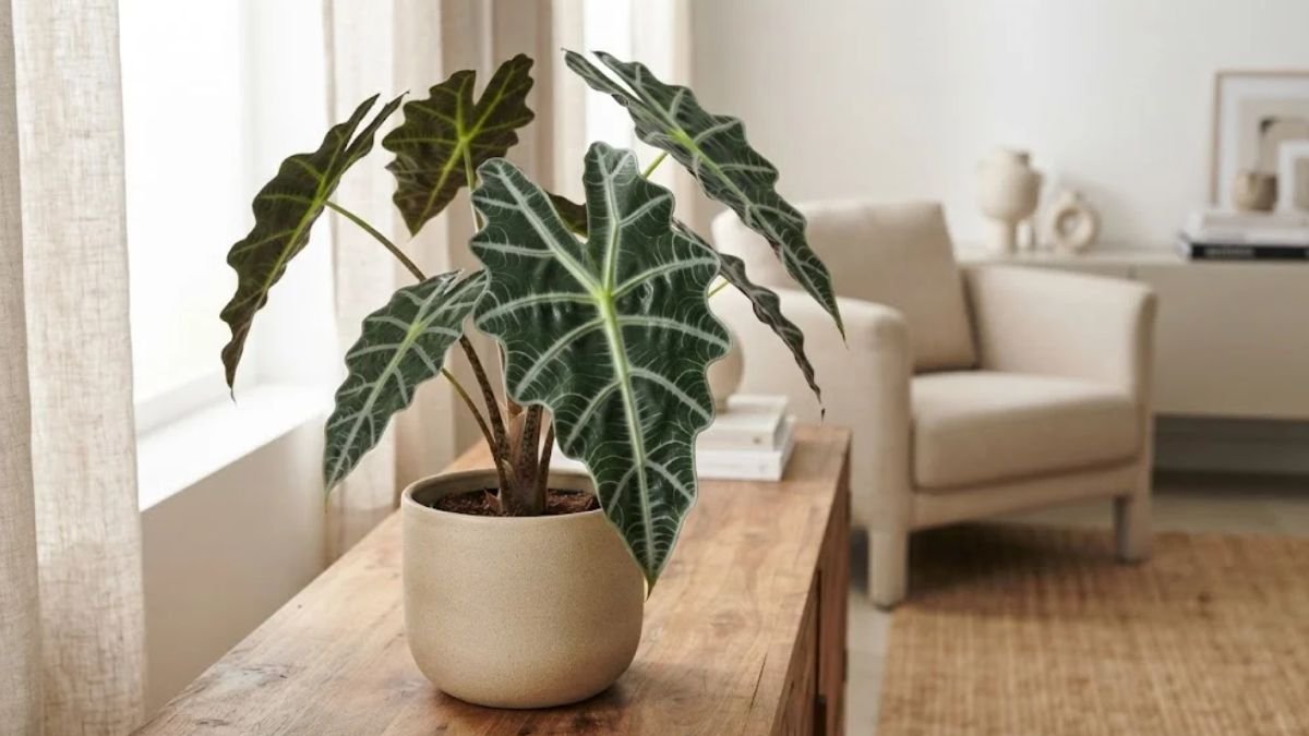 Alocasia amazônica em vaso bege sobre aparador de madeira, com folhas verde-escuras, nervuras claras e bordas onduladas em sala iluminada.
