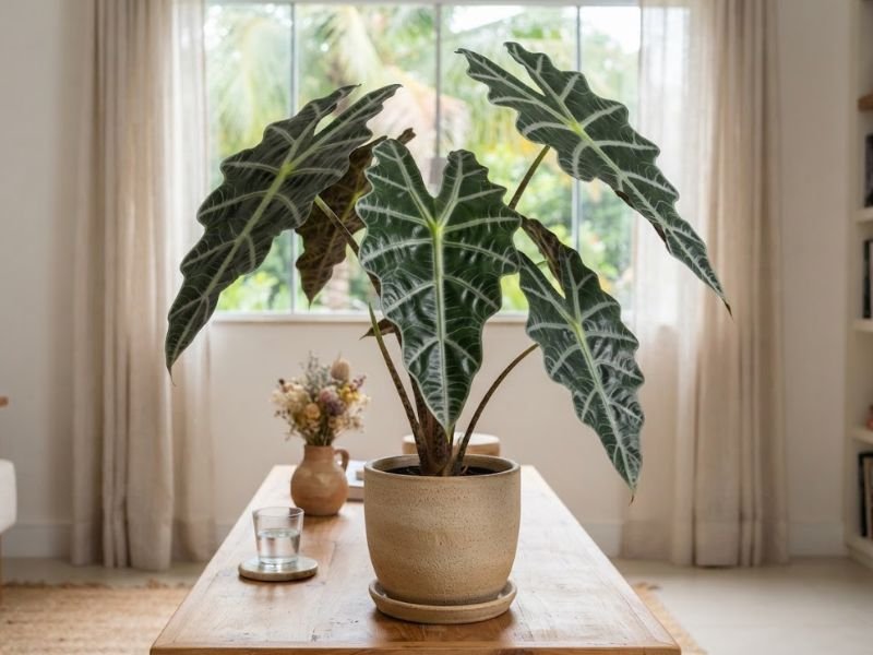 Alocasia amazônica em vaso de cerâmica sobre mesa de madeira, com folhas grandes, verde-escuras e nervuras esbranquiçadas.