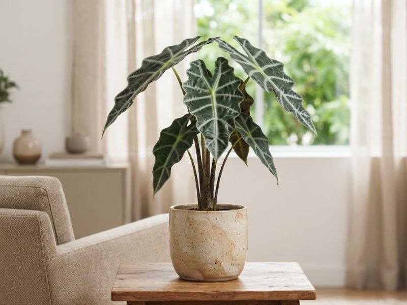Alocasia amazônica em vaso claro sobre mesa de madeira, com folhas verde-escuras e nervuras contrastantes próximas à janela.