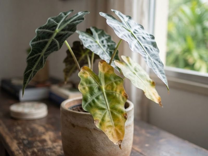Alocasia amazônica com folha inferior amarelada e pontas marrons, enquanto outras folhas permanecem verde-escuras.