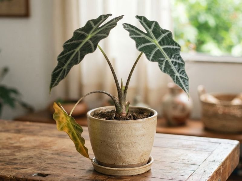 Alocasia amazônica em vaso com duas folhas verdes e uma folha inferior amarelada e inclinada para baixo.