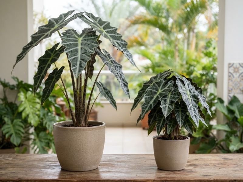 Comparação entre alocasia amazônica de porte maior e alocasia Polly compacta, ambas com folhas escuras, nervuras claras e bordas onduladas.