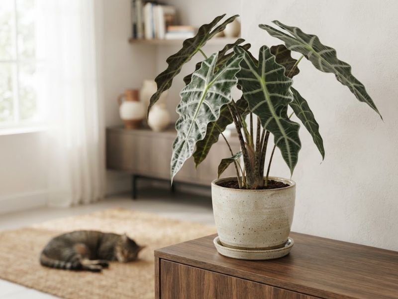 Alocasia amazônica em vaso sobre aparador de madeira, com gato descansando no tapete ao fundo da sala.