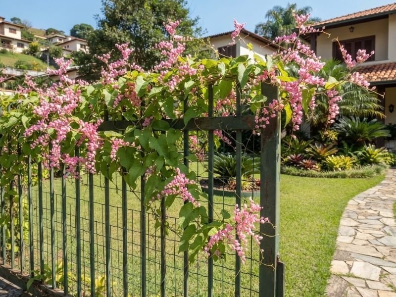Amor agarradinho com flores rosadas crescendo sobre cerca de madeira
