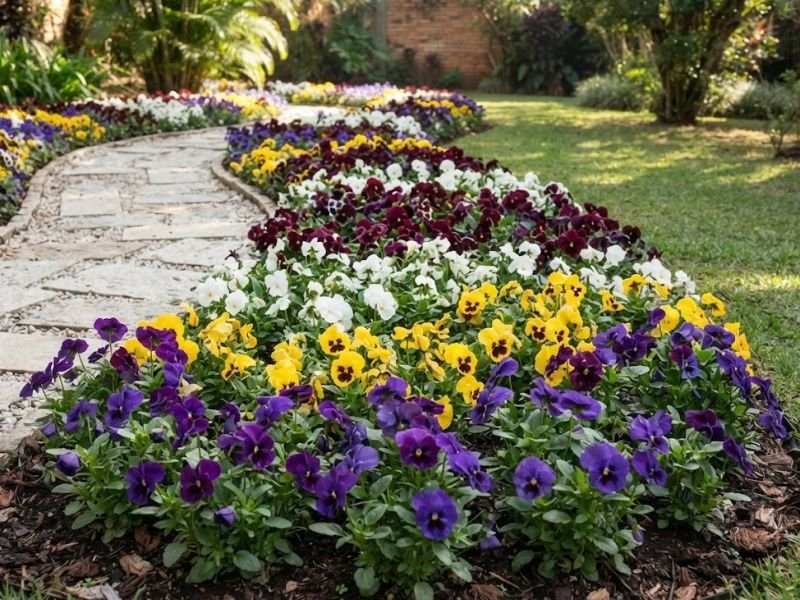 Amor-perfeito roxo, amarelo e branco formando um canteiro baixo e colorido junto a um caminho de jardim.