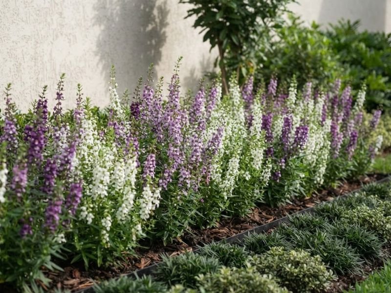 Angelônias roxas e brancas com hastes florais verticais em canteiro
