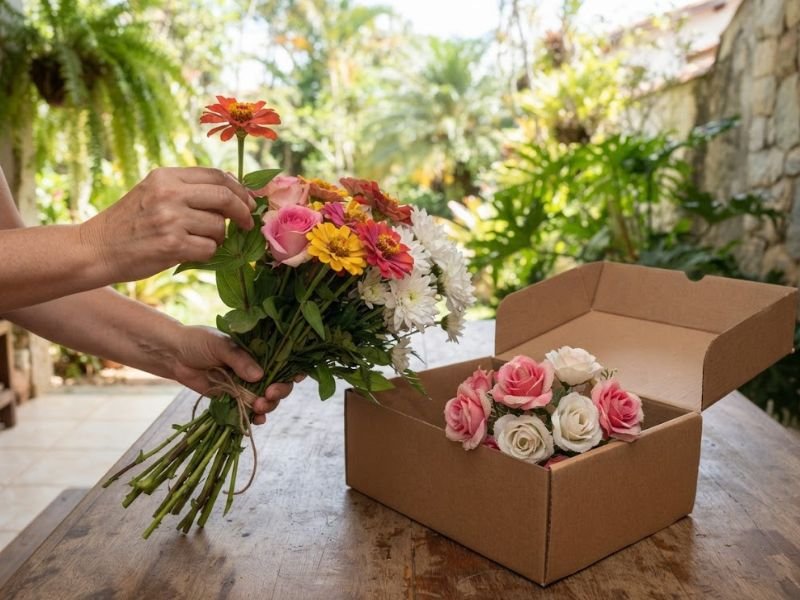 Mãos organizando um buquê natural ao lado de uma caixa aberta com rosas artificiais em casa.