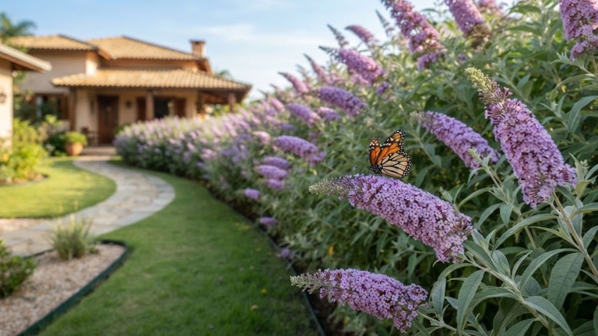 Arbustos que atraem beija-flores e borboletas, com buddleia lilás florida e uma borboleta pousada no jardim.