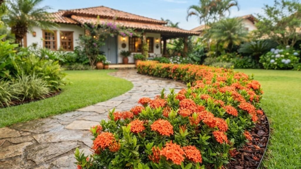 Arbustos com flores para cerca viva formando uma bordadura curva de ixoras alaranjadas em jardim residencial.