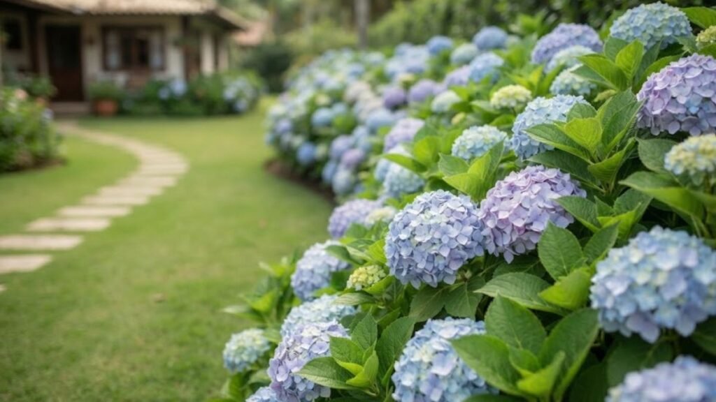 Arbustos com flores para clima ameno em canteiro de hortênsias azuis com folhagem verde e jardim desfocado ao fundo.
