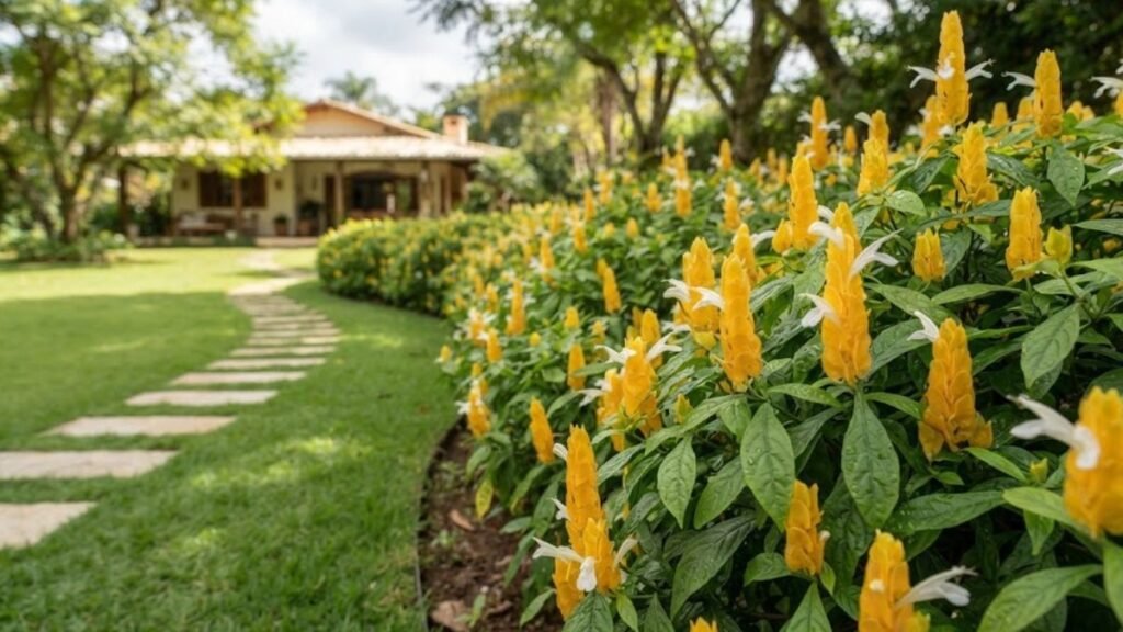 Arbustos com flores para meia sombra em canteiro de camarão amarelo com espigas douradas e folhagem verde.
