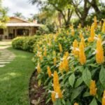 Arbustos com flores para meia sombra em canteiro de camarão amarelo com espigas douradas e folhagem verde.