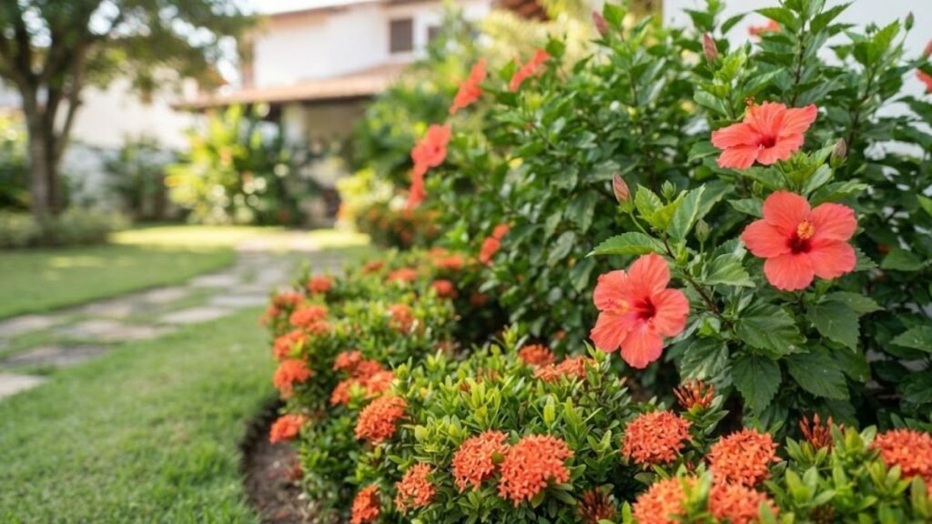 Arbustos com flores para sol pleno, com hibiscos vermelhos e ixoras alaranjadas em canteiro curvo