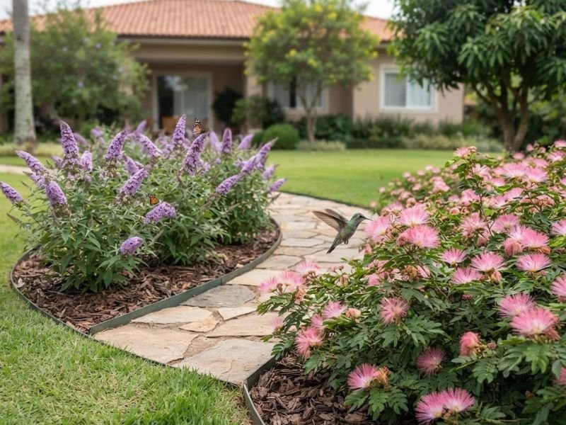 Canteiros separados de caliandra rosada e buddleia lilás em jardim residencial com beija-flor e borboletas.