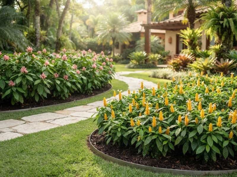 Jardim residencial com camarão amarelo e Justicia carnea em canteiros separados, floridos e bem cuidados.
