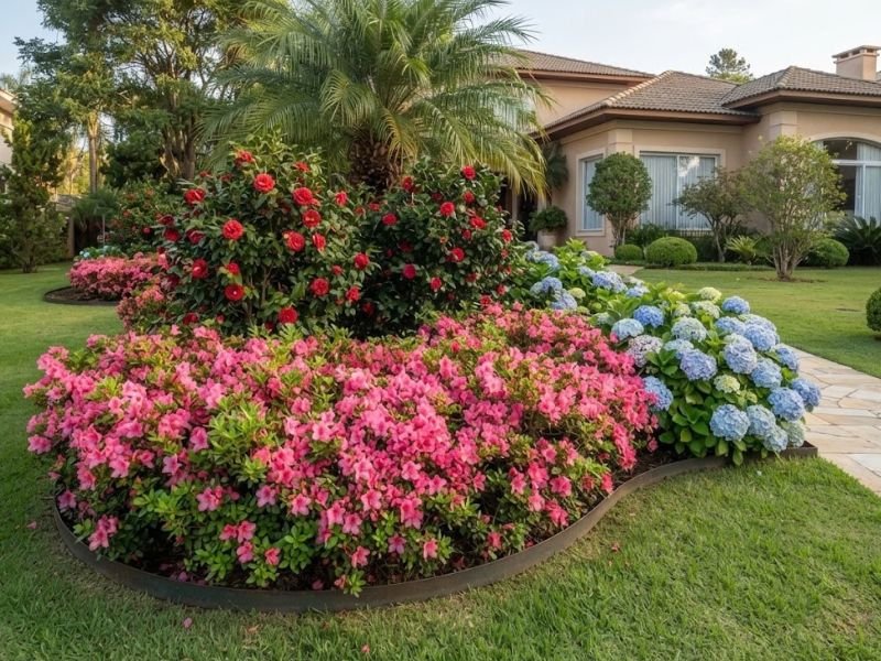 Jardim residencial com azaleias rosa, camélias vermelhas e hortênsias azuis em canteiro paisagístico curvo.