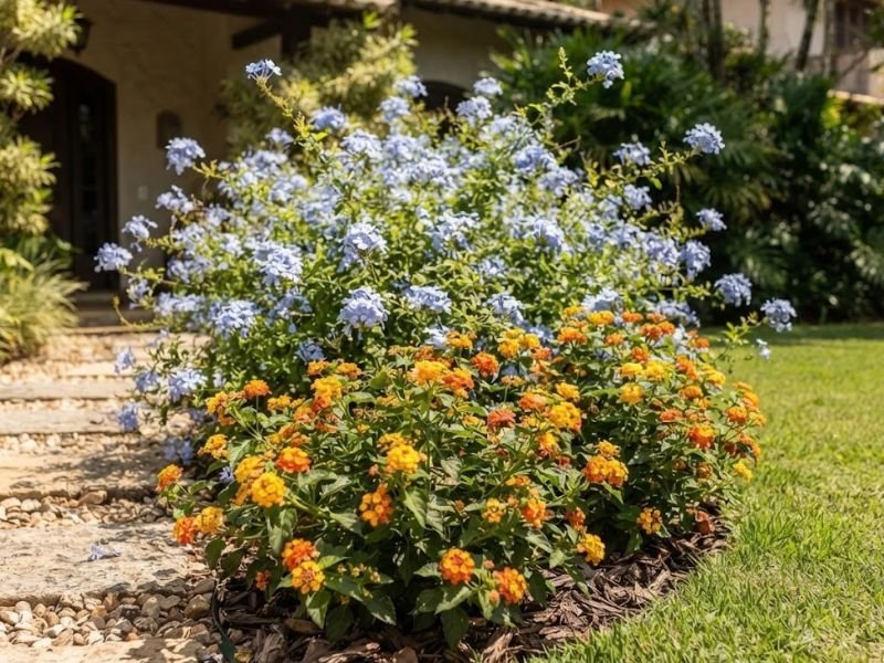 Bela emília azul e lantanas amarelas e alaranjadas em canteiro ensolarado