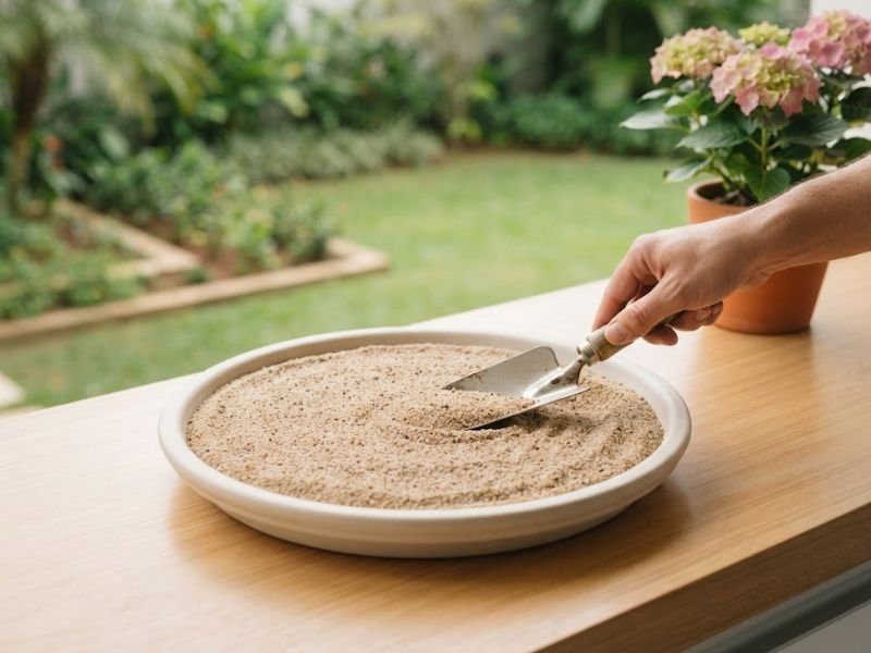 Mão distribui areia com uma pazinha em um pratinho de vaso sobre uma mesa de madeira.