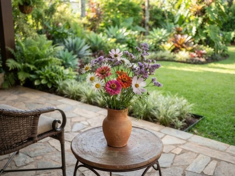 Arranjo com zínias cosmos margaridas e statice colhidas do jardim