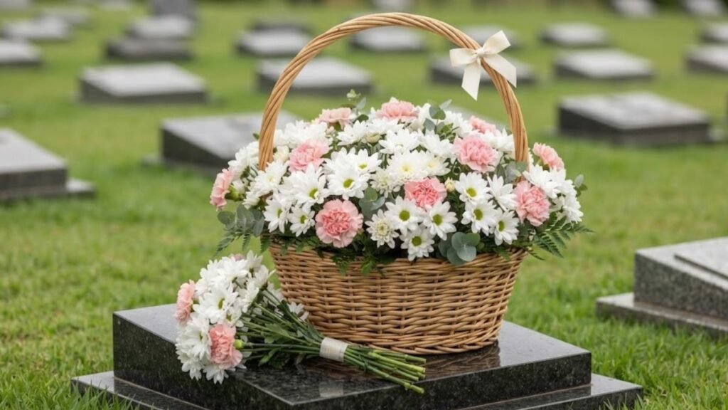 Arranjos de flores para cemitério: cesta de vime e ramalhete com flores brancas e rosa-claro sobre granito.