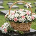 Arranjos de flores para cemitério: cesta de vime e ramalhete com flores brancas e rosa-claro sobre granito.