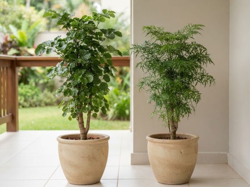 Árvore da felicidade macho e fêmea em vasos separados, com folhagens verdes de formatos diferentes, em varanda residencial.