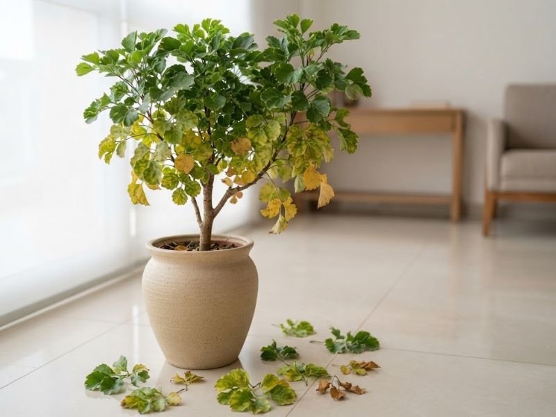 Árvore da felicidade macho em vaso com folhas inferiores amareladas e algumas folhas caídas sobre o piso, enquanto a copa superior permanece verde.