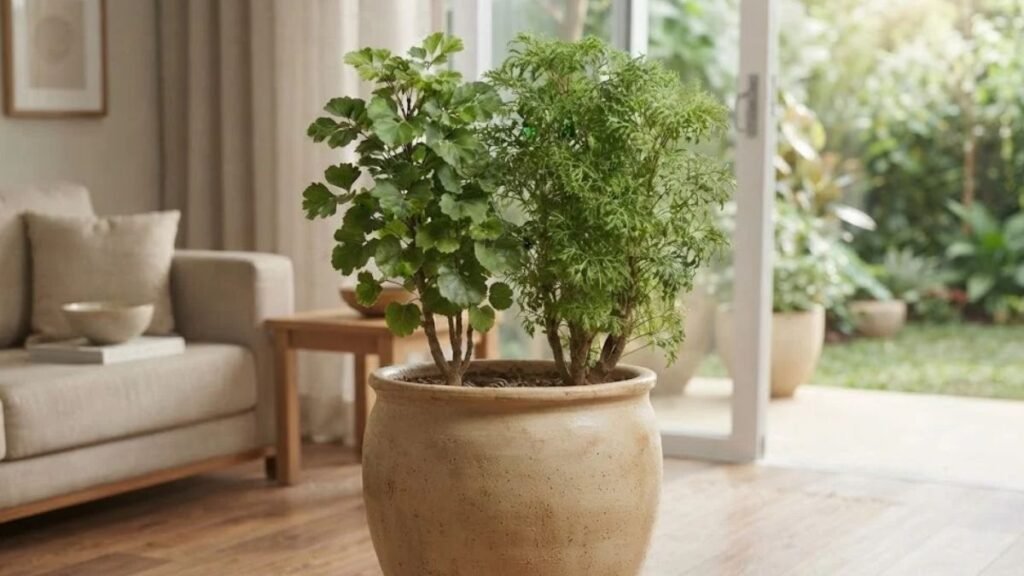 Árvore da felicidade macho e fêmea cultivadas juntas em vaso de cerâmica bege, com folhagens diferentes em sala integrada ao jardim.
