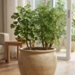 Árvore da felicidade macho e fêmea cultivadas juntas em vaso de cerâmica bege, com folhagens diferentes em sala integrada ao jardim.