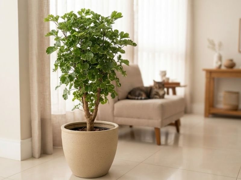 Árvore da felicidade macho em vaso de cerâmica no piso da sala, com gato doméstico descansando em poltrona ao fundo.