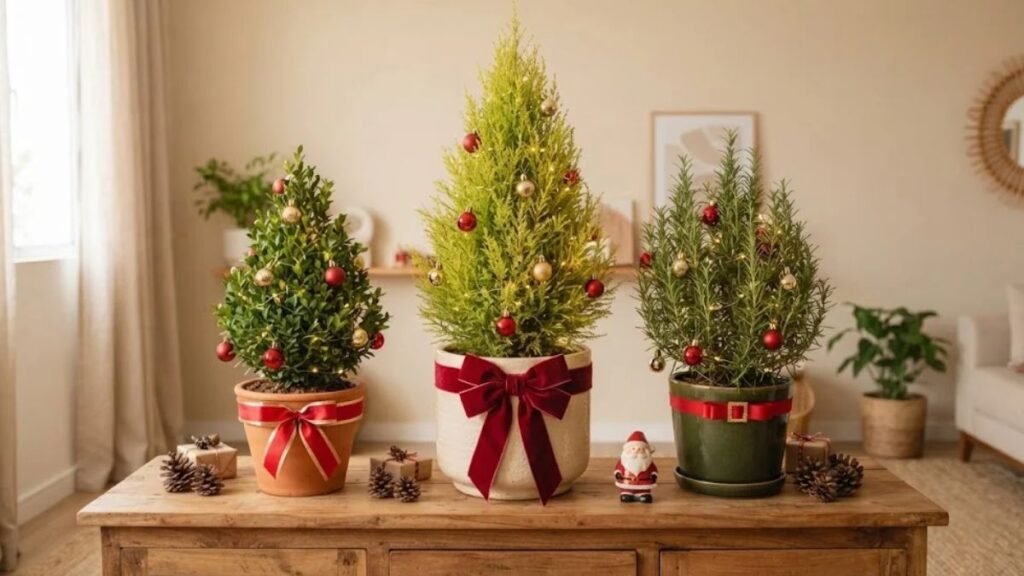 Árvore de Natal com plantas naturais em composição com tuia-limão, buxo e alecrim decorados com bolas, luzes e laços sobre um aparador.