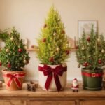Árvore de Natal com plantas naturais em composição com tuia-limão, buxo e alecrim decorados com bolas, luzes e laços sobre um aparador.