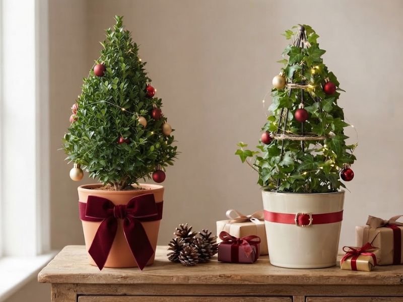 Buxo em cone e hera em suporte cônico, em vasos com fitas vermelhas, decorados com bolas e luzes de Natal.