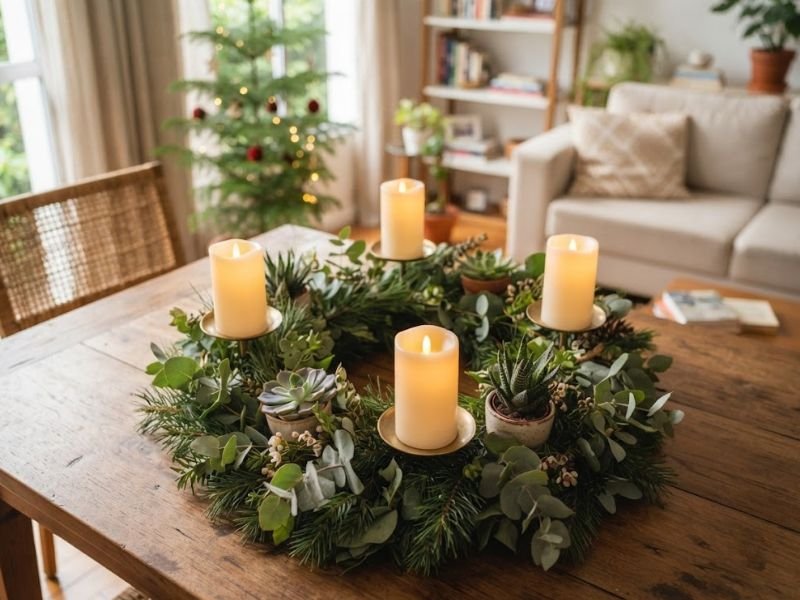 Coroa do Advento com quatro velas creme, pequenas suculentas e folhagens sobre uma mesa de madeira.