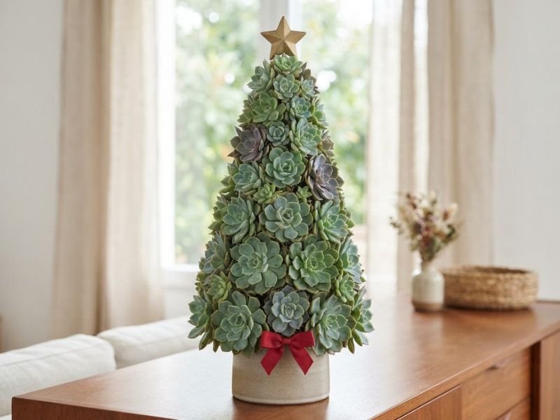 Árvore cônica de suculentas com rosetas verdes, estrela dourada e laço vermelho em vaso claro.