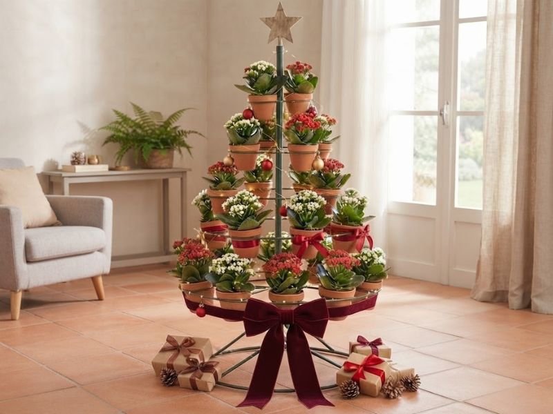 Vasos de kalanchoes vermelhos e brancos em um suporte metálico com níveis que formam uma árvore de Natal.