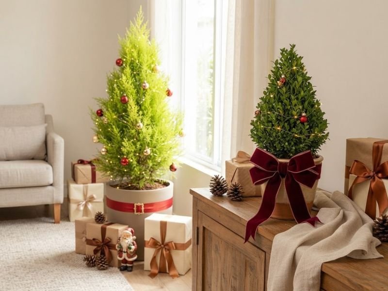 Tuia-limão no chão e buxo em cone sobre um aparador, decorados com bolas e luzes, entre presentes de Natal.