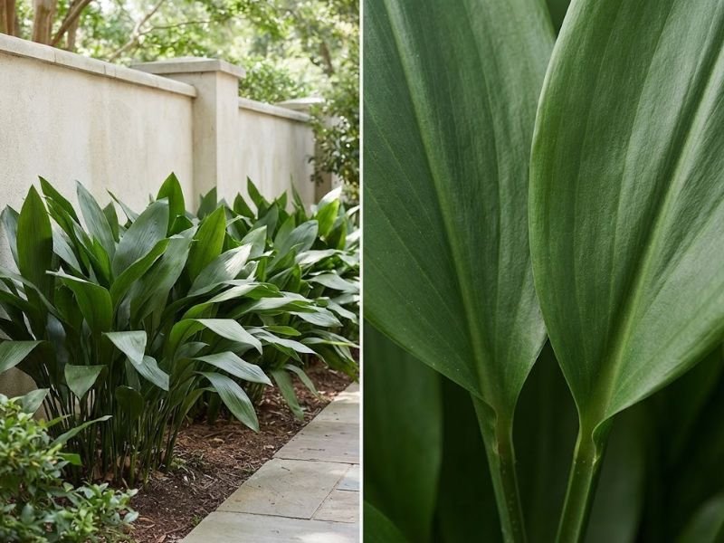 Aspidistras em canteiro junto a um muro e aproximação das folhas verdes largas com nervuras longitudinais.