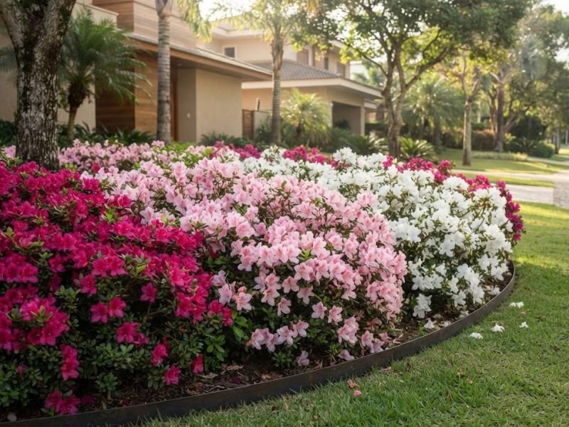 Azaleias com flores rosa, brancas e rosa intenso formando bordadura larga em jardim residencial.