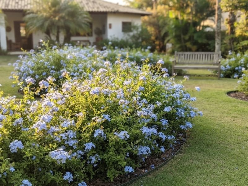 Canteiro curvo de bela emília azul ao lado do gramado, com banco de madeira ao fundo
