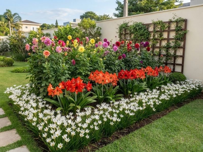 Flores bulbosas para canteiros organizadas em diferentes alturas