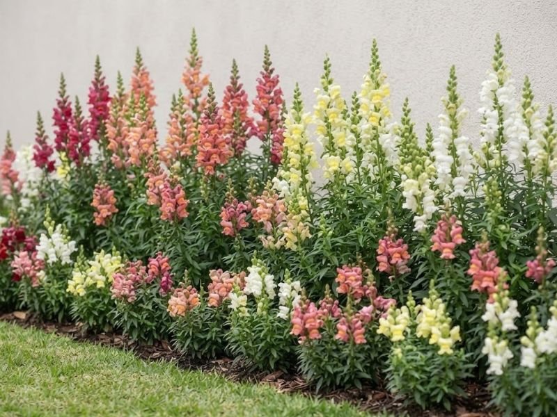 Bocas-de-leão rosas, brancas e salmão em diferentes alturas, cultivadas em canteiro junto a um muro.