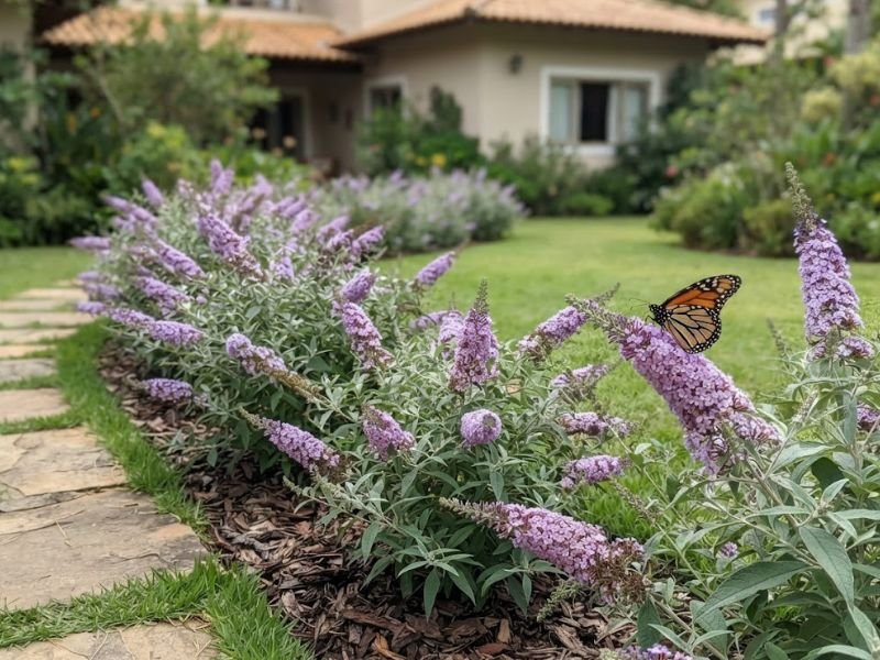 Borboleta pousada sobre inflorescência lilás de buddleia em canteiro residencial florido.