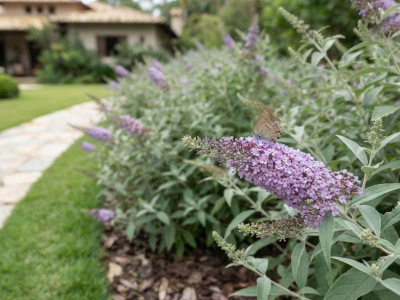 Pequena borboleta pousada sobre flores lilases de buddleia em canteiro residencial.