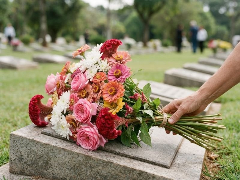 Mão acomodando um buquê de rosas, zínias, crisântemos brancos e cristas-de-galo sobre uma sepultura.