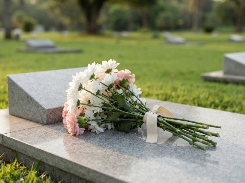 Buquê de crisântemos brancos e cravos rosa-claro sobre uma superfície de granito no cemitério.