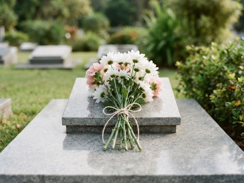 Buquê de crisântemos brancos e cravos rosa-claro, amarrado com barbante sobre uma sepultura.